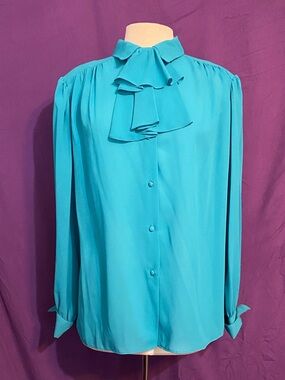 Vintage 80s Teal Long Sleeve Blouse with Detachable Neck Ruffle. Size XL.
